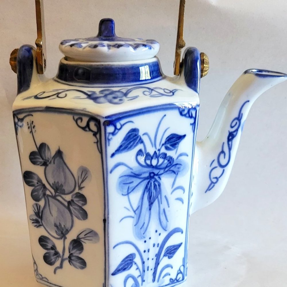 Antique Hexagon China Blue and White Porcelain Hand Painted Teapot